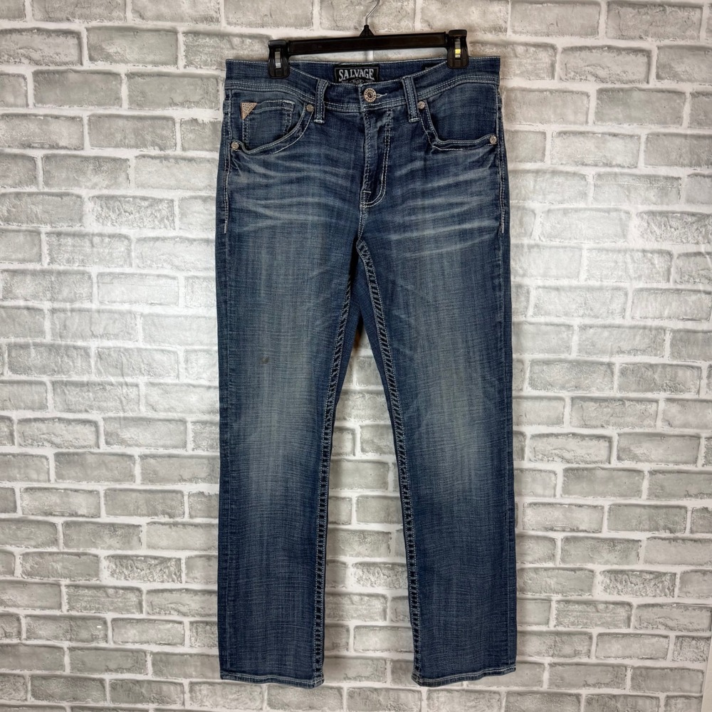 Salvage Mayhem Straight Regular Fit Jeans Mens 32R Blue Medium Wash SLVG23-460